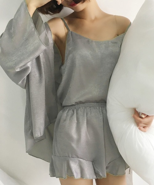 DAY CLOSET（デイ クローゼット）の「レディース さらツヤ大人っぽキャミトップス+フリルパンツ+ガウン ルームウェア3点セットアップ（ルームウェア/パジャマ・レディース・ダークグレー/ベージュ/ブルー/グリーン系その他/パープル/ブラック/ピンク/ライトピンク/ワインレッド/グレー・ONE SIZE）」の14枚目の写真