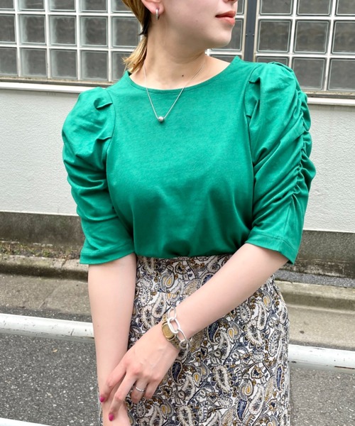 CIAOPANIC（チャオパニック）の「バイオ天竺ギャザースリーブTシャツ（Tシャツ/カットソー・レディース・ベージュ/ブラック/ホワイト/グリーン/ダークグリーン/ブルー・FREE）」の5枚目の写真