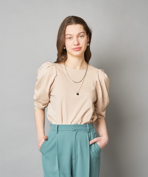 CIAOPANIC（チャオパニック）の「バイオ天竺ギャザースリーブTシャツ（Tシャツ/カットソー・レディース・ベージュ/ブラック/ホワイト/グリーン/ダークグリーン/ブルー・FREE）」の12枚目の写真