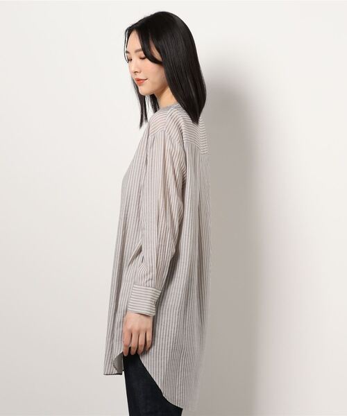 Q（キュー）の「バンドカラーシャツストライプ（シャツ/ブラウス・レディース・グリーン系その他・MEDIUM）」の3枚目の写真