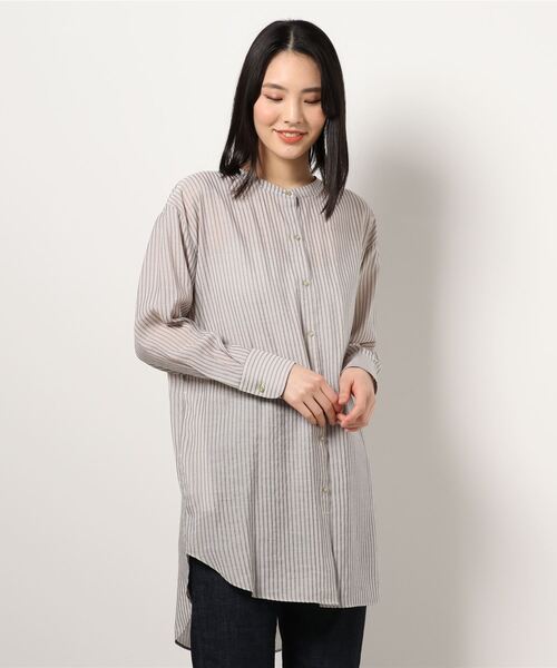 Q（キュー）の「バンドカラーシャツストライプ（シャツ/ブラウス・レディース・グリーン系その他・MEDIUM）」の4枚目の写真