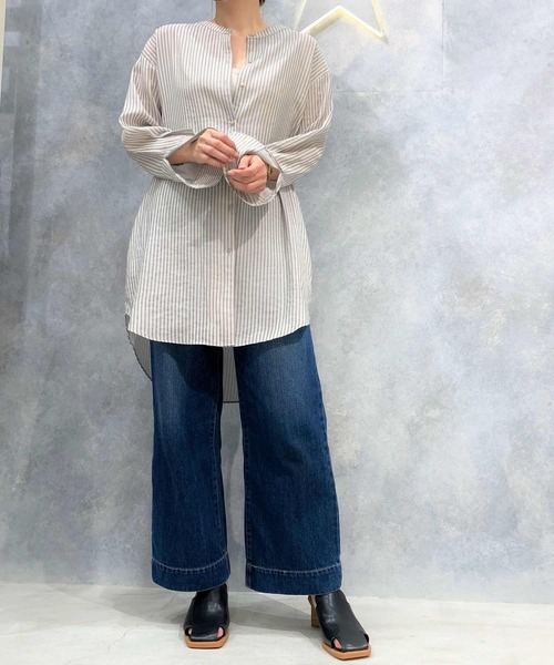 Q（キュー）の「バンドカラーシャツストライプ（シャツ/ブラウス・レディース・グリーン系その他・MEDIUM）」の5枚目の写真