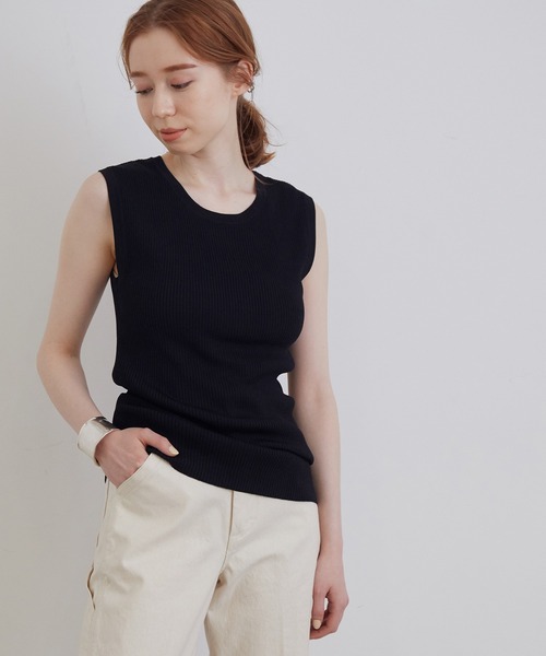 MADEMOISELLE ROPE'（マドモアゼル ロペ）の「リブサマーニットノースリーブプルオーバー（Tシャツ/カットソー・レディース・ブラック/オフホワイト/ライトグリーン・38）」の3枚目の写真