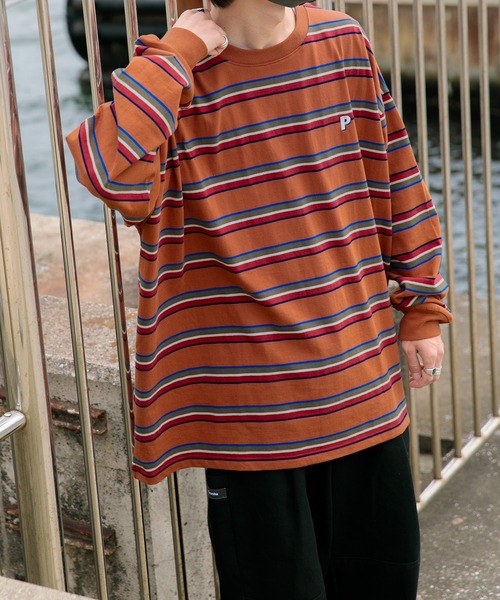 Perushu（ペルーシュ）の「P刺繍ボーダーロンT（Tシャツ/カットソー・メンズ・オフホワイト/グリーン/ダークオレンジ・MEDIUM/LARGE/X-LARGE）」の11枚目の写真