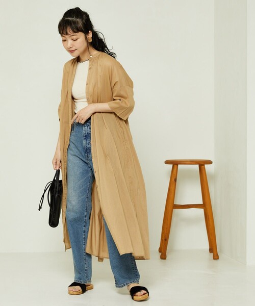 FREAK'S STORE（フリークスストア）の「5分袖シャツワンピース（シャツワンピース・レディース・ブラック/オフホワイト/パープル/ベージュ/ブラウン・ﾌﾘ-）」の4枚目の写真