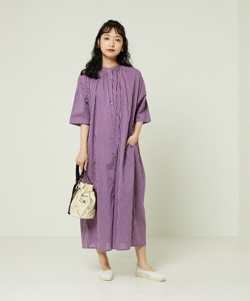 FREAK'S STORE（フリークスストア）の「5分袖シャツワンピース（シャツワンピース・レディース・ブラック/オフホワイト/パープル/ベージュ/ブラウン・ﾌﾘ-）」の7枚目の写真