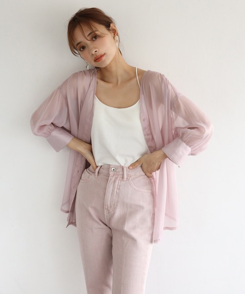 one after another NICE CLAUP（ワンアフターアナザーナイスクラップ）の「Vネックシアーシャツ（シャツ/ブラウス・レディース・ピンク/アイボリー/ブルーグレー/ライトピンク・FREE）」の6枚目の写真