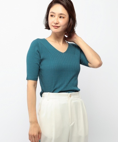 MEW'S REFINED CLOTHES（ミューズリファインドクローズ）の「Vネックリブ5分袖ニット（ニット/セーター・レディース・ピンク/ベージュ/ブラック/モカ/ブルー系その他/ホワイト・MEDIUM）」の5枚目の写真