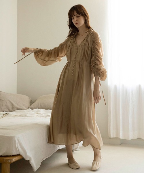 mangata(モンガータ)の「Sheer gather onepiece(ワンピース・レディース・ベージュ/ピンクベージュ・FREE)」の19枚目の写真