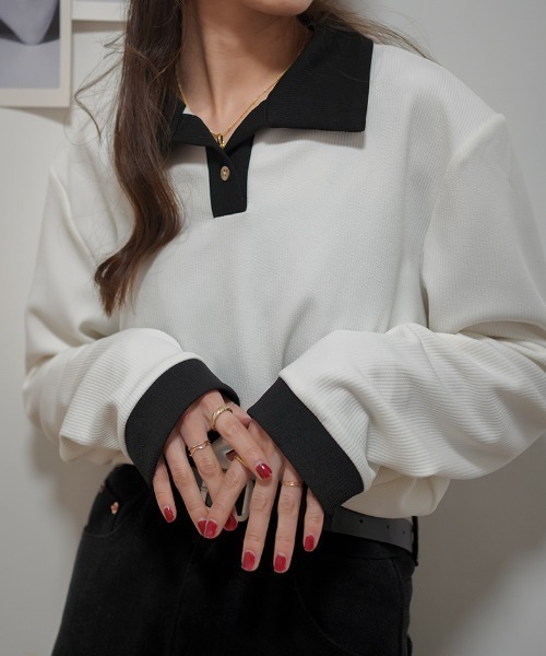 Diosfront（ディオスフロント）の「配色ポロ襟リブカットトップス（Tシャツ/カットソー・レディース・ホワイト/ブラック/ベージュ・M/L）」の2枚目の写真