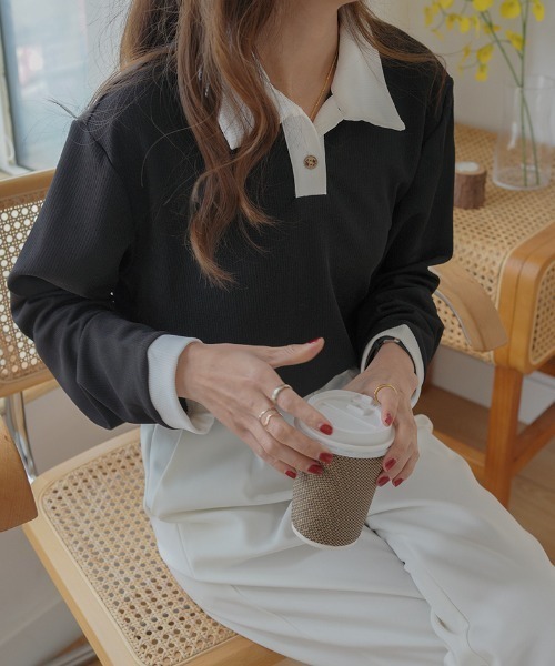 Diosfront（ディオスフロント）の「配色ポロ襟リブカットトップス（Tシャツ/カットソー・レディース・ホワイト/ブラック/ベージュ・M/L）」の3枚目の写真