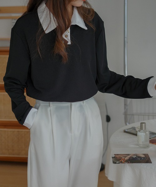 Diosfront（ディオスフロント）の「配色ポロ襟リブカットトップス（Tシャツ/カットソー・レディース・ホワイト/ブラック/ベージュ・M/L）」の4枚目の写真