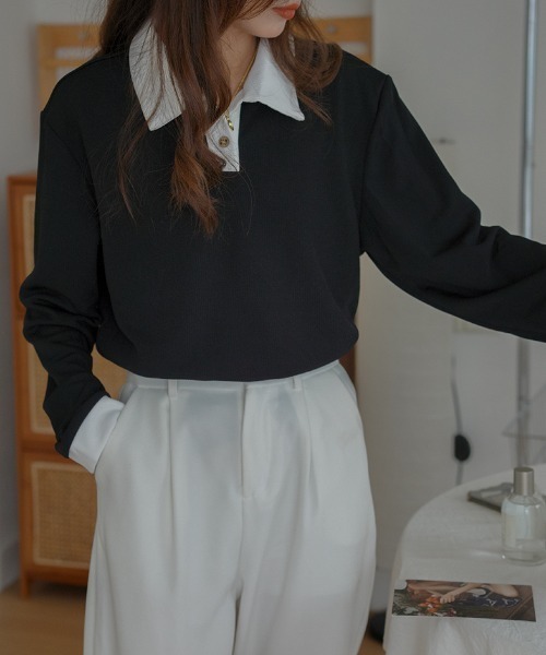 Diosfront（ディオスフロント）の「配色ポロ襟リブカットトップス（Tシャツ/カットソー・レディース・ホワイト/ブラック/ベージュ・M/L）」の5枚目の写真