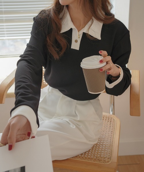 Diosfront（ディオスフロント）の「配色ポロ襟リブカットトップス（Tシャツ/カットソー・レディース・ホワイト/ブラック/ベージュ・M/L）」の10枚目の写真