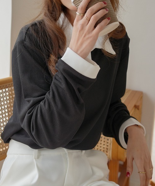 Diosfront（ディオスフロント）の「配色ポロ襟リブカットトップス（Tシャツ/カットソー・レディース・ホワイト/ブラック/ベージュ・M/L）」の11枚目の写真