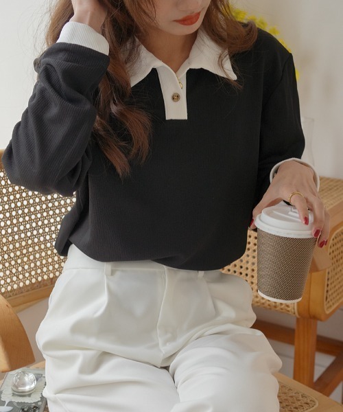 Diosfront（ディオスフロント）の「配色ポロ襟リブカットトップス（Tシャツ/カットソー・レディース・ホワイト/ブラック/ベージュ・M/L）」の12枚目の写真