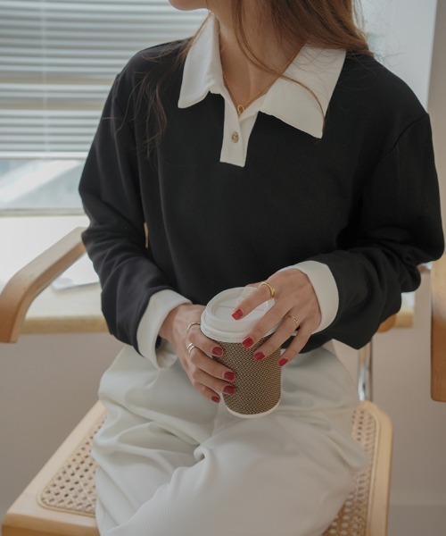 Diosfront（ディオスフロント）の「配色ポロ襟リブカットトップス（Tシャツ/カットソー・レディース・ホワイト/ブラック/ベージュ・M/L）」の14枚目の写真