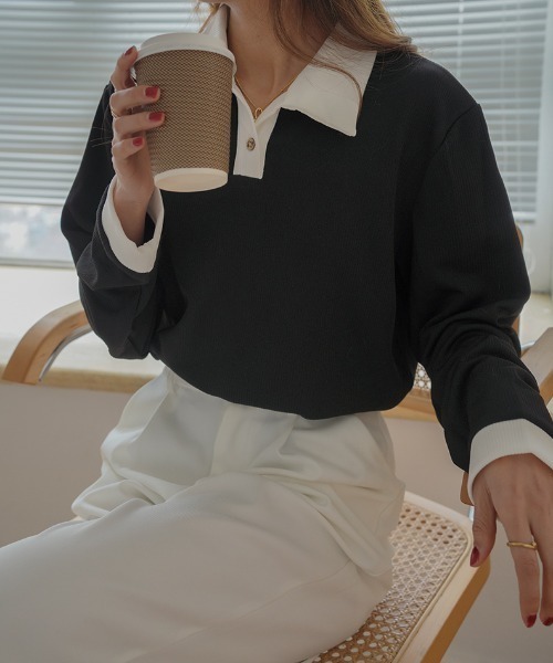 Diosfront（ディオスフロント）の「配色ポロ襟リブカットトップス（Tシャツ/カットソー・レディース・ホワイト/ブラック/ベージュ・M/L）」の15枚目の写真