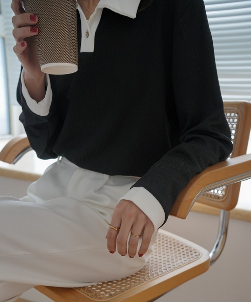 Diosfront（ディオスフロント）の「配色ポロ襟リブカットトップス（Tシャツ/カットソー・レディース・ホワイト/ブラック/ベージュ・M/L）」の17枚目の写真