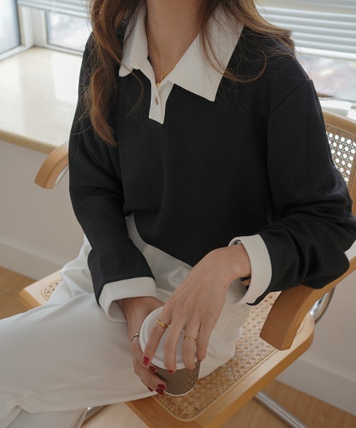 Diosfront（ディオスフロント）の「配色ポロ襟リブカットトップス（Tシャツ/カットソー・レディース・ホワイト/ブラック/ベージュ・M/L）」の19枚目の写真