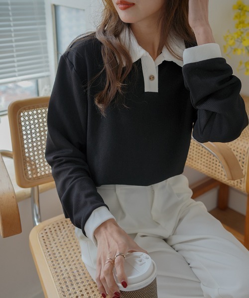 Diosfront（ディオスフロント）の「配色ポロ襟リブカットトップス（Tシャツ/カットソー・レディース・ホワイト/ブラック/ベージュ・M/L）」の20枚目の写真