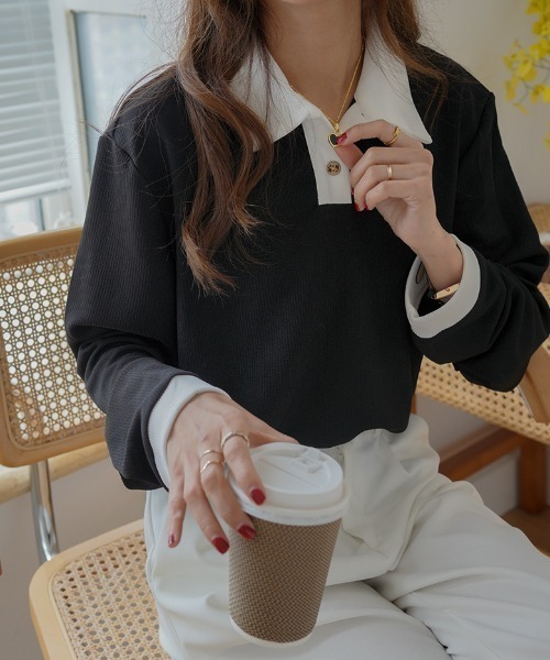 Diosfront（ディオスフロント）の「配色ポロ襟リブカットトップス（Tシャツ/カットソー・レディース・ホワイト/ブラック/ベージュ・M/L）」の21枚目の写真