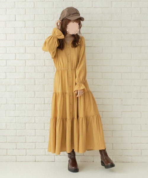 Mysa&Liina by yuririn（ミーサリーナバイユリリン）の「マイクロコールティアードワンピース（ワンピース・レディース・オフホワイト/ブラウン/マスタード・M）」の7枚目の写真