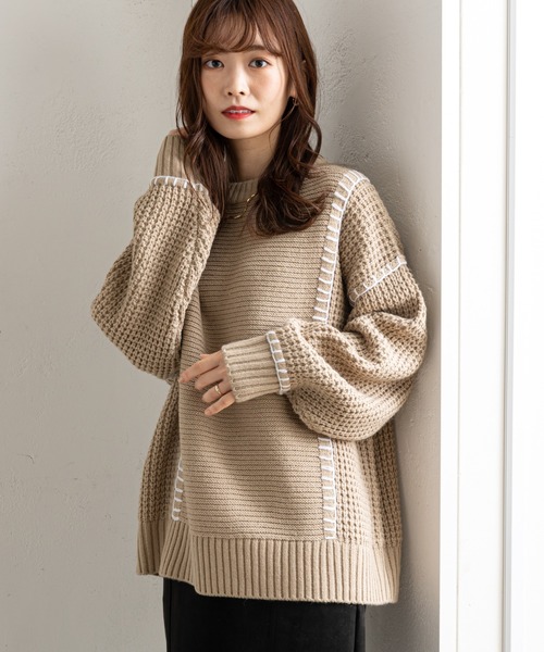 prose verse(プロズヴェール)の「配色ブランケットステッチニット(ニット/セーター・レディース・グリーン/アイボリー/ブラック/ベージュ・MEDIUM)」の1枚目の写真