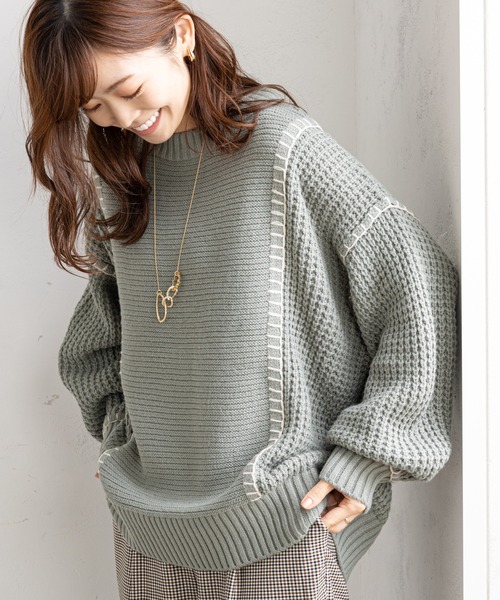 prose verse(プロズヴェール)の「配色ブランケットステッチニット(ニット/セーター・レディース・グリーン/アイボリー/ブラック/ベージュ・MEDIUM)」の4枚目の写真