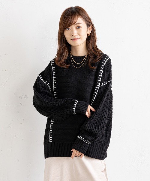 prose verse(プロズヴェール)の「配色ブランケットステッチニット(ニット/セーター・レディース・グリーン/アイボリー/ブラック/ベージュ・MEDIUM)」の5枚目の写真