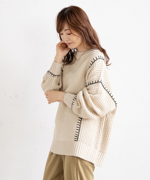 prose verse(プロズヴェール)の「配色ブランケットステッチニット(ニット/セーター・レディース・グリーン/アイボリー/ブラック/ベージュ・MEDIUM)」の14枚目の写真