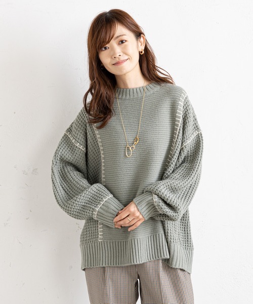 prose verse(プロズヴェール)の「配色ブランケットステッチニット(ニット/セーター・レディース・グリーン/アイボリー/ブラック/ベージュ・MEDIUM)」の7枚目の写真