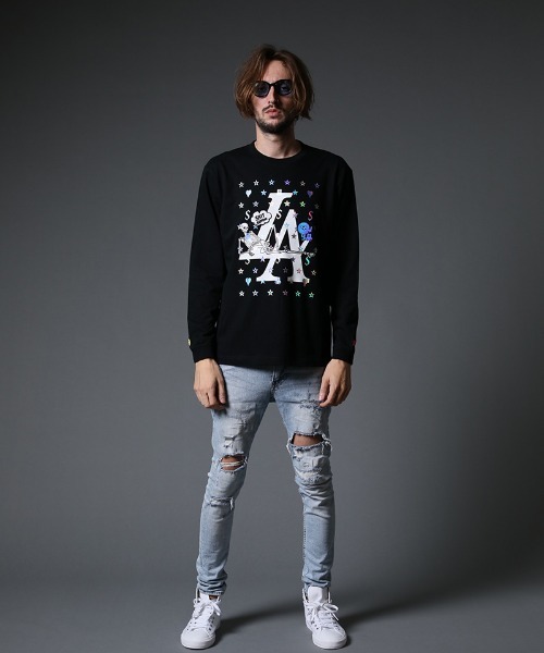 STUD MUFFIN（スタッドマフィン）の「mlt3635-5.6ozコットン天竺 LA BONE&パッチ LS Tシャツ（Tシャツ/カットソー・メンズ・ホワイト/ブラック・2/4/3）」の10枚目の写真