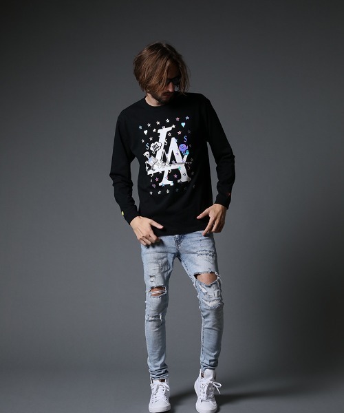 STUD MUFFIN（スタッドマフィン）の「mlt3635-5.6ozコットン天竺 LA BONE&パッチ LS Tシャツ（Tシャツ/カットソー・メンズ・ホワイト/ブラック・2/4/3）」の11枚目の写真