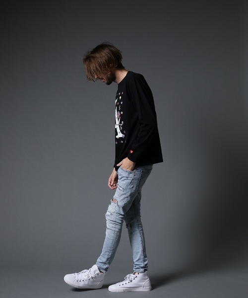 STUD MUFFIN（スタッドマフィン）の「mlt3635-5.6ozコットン天竺 LA BONE&パッチ LS Tシャツ（Tシャツ/カットソー・メンズ・ホワイト/ブラック・2/4/3）」の12枚目の写真