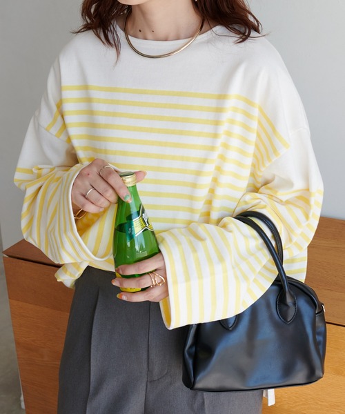 DISCOAT（ディスコート）の「≪新色追加！≫【WEB限定】バスクボーダービッグロングスリーブ（Tシャツ/カットソー・レディース・ブラック/ネイビー/ピンク/オレンジ/ブルー/ブラック×ホワイト/ブラウン/グリーン系その他/イエロー/ベビーピンク/スカイブルー/キャメル/レッド・FREE）」の8枚目の写真