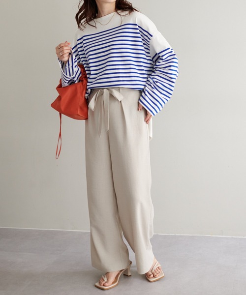 DISCOAT（ディスコート）の「≪新色追加！≫【WEB限定】バスクボーダービッグロングスリーブ（Tシャツ/カットソー・レディース・ブラック/ネイビー/ピンク/オレンジ/ブルー/ブラック×ホワイト/ブラウン/グリーン系その他/イエロー/ベビーピンク/スカイブルー/キャメル/レッド・FREE）」の15枚目の写真