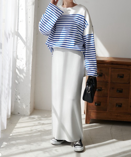 DISCOAT（ディスコート）の「≪新色追加！≫【WEB限定】バスクボーダービッグロングスリーブ（Tシャツ/カットソー・レディース・ブラック/ネイビー/ピンク/オレンジ/ブルー/ブラック×ホワイト/ブラウン/グリーン系その他/イエロー/ベビーピンク/スカイブルー/キャメル/レッド・FREE）」の16枚目の写真