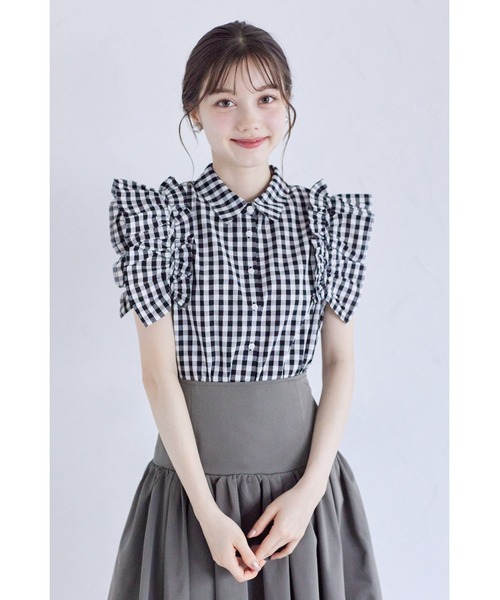 tocco closet（トッコ　クローゼット）の「肩ギャザーフリル付きノースリーブコットンブラウス（シャツ/ブラウス・レディース・ブラック/オフホワイト/ブルー/チェック/ピンク・M/FREE）」の5枚目の写真