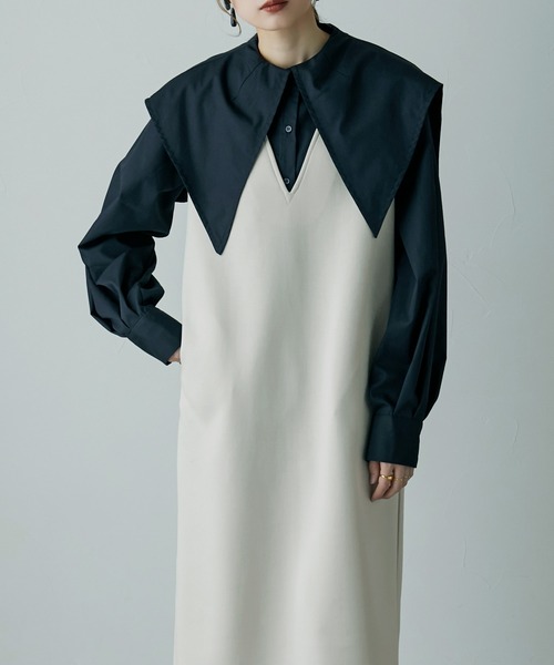 etoll.（エトル）の「Vネック ポンチ ロングワンピース（ワンピース・レディース・ブラック/グレイッシュベージュ/アイボリー/モカ・M）」の9枚目の写真