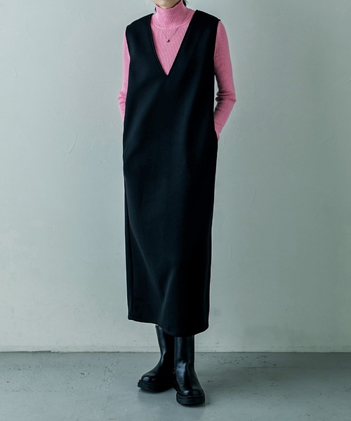 etoll.（エトル）の「Vネック ポンチ ロングワンピース（ワンピース・レディース・ブラック/グレイッシュベージュ/アイボリー/モカ・M）」の18枚目の写真