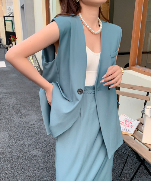 ダークブルーノースリーブベストとロングスカートセットアップ デニムセットアップ ノースリーブベスト長め丈スカートセット スカート