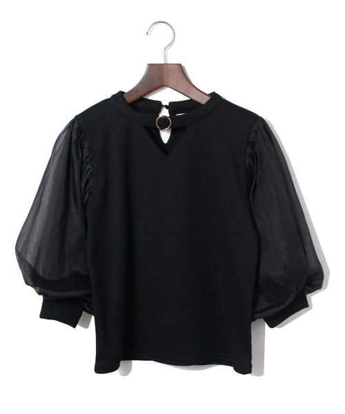 TORTE(トルテ)の「トライアングル空きオーガンジー7分袖トップス(Tシャツ/カットソー・レディース・ホワイト/ライトピンク/ブラック/ライトブルー・FREE)」の8枚目の写真