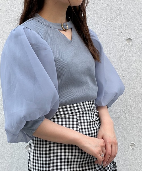 TORTE(トルテ)の「トライアングル空きオーガンジー7分袖トップス(Tシャツ/カットソー・レディース・ホワイト/ライトピンク/ブラック/ライトブルー・FREE)」の16枚目の写真