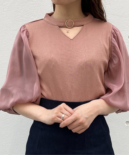 TORTE(トルテ)の「トライアングル空きオーガンジー7分袖トップス(Tシャツ/カットソー・レディース・ホワイト/ライトピンク/ブラック/ライトブルー・FREE)」の15枚目の写真