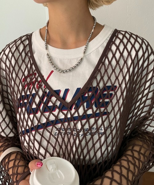 CIAOPANIC（チャオパニック）の「緩さが可愛い、オーバーメッシュロンTee（Tシャツ/カットソー・レディース・ブラウン/アイボリー・FREE）」の14枚目の写真