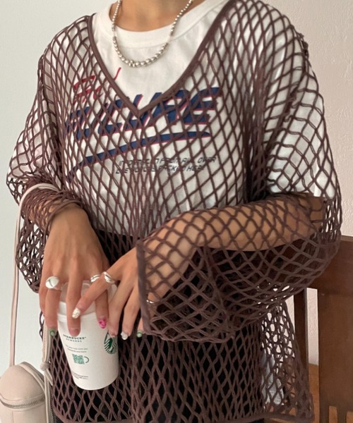 CIAOPANIC（チャオパニック）の「緩さが可愛い、オーバーメッシュロンTee（Tシャツ/カットソー・レディース・ブラウン/アイボリー・FREE）」の11枚目の写真