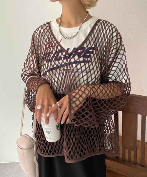 CIAOPANIC（チャオパニック）の「緩さが可愛い、オーバーメッシュロンTee（Tシャツ/カットソー・レディース・ブラウン/アイボリー・FREE）」の10枚目の写真