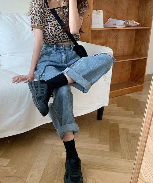 meJane(ミージェーン)の「ルーズボーイズダメージデニムパンツ【ZOZOTOWN限定】(デニムパンツ・レディース・ブルー・S/M/L)」の4枚目の写真