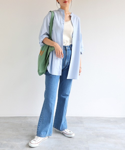 andme(アンドミー)の「コットン長袖バンドカラーオーバーサイズカラーシャツ(シャツ/ブラウス・レディース・ホワイト/ピンク/サックスブルー/グリーン/オレンジ・M/L)」の6枚目の写真